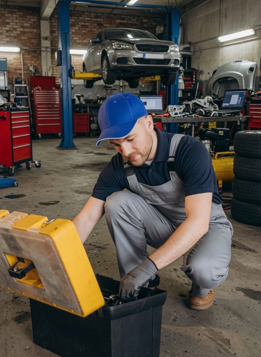 Workshop mechanic sorting his toolbox in the garage