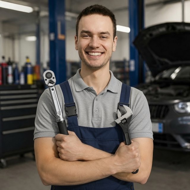 Smiling Workshop mechanic holding his wrenches