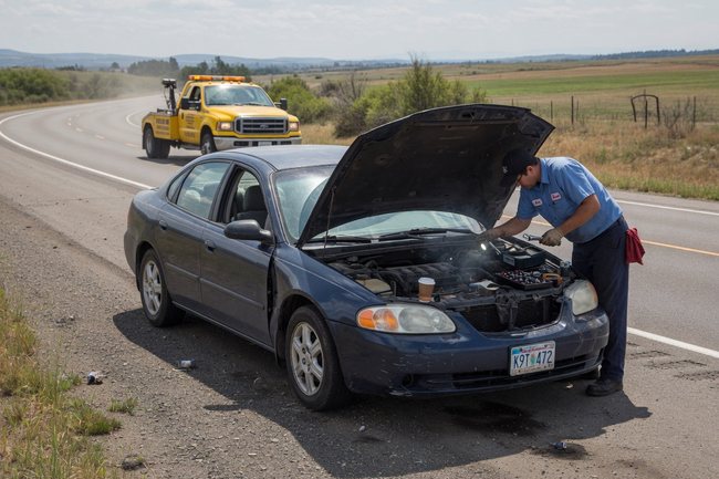 Mechanic attending a broken-down car at the roadside