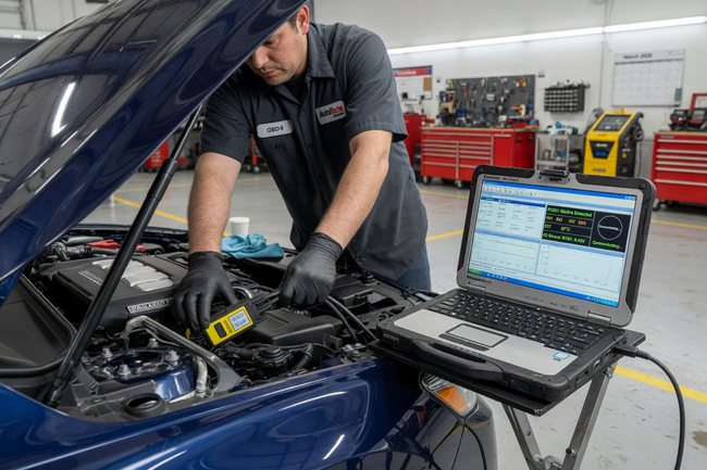 Mechanic running computer diagnostics on an engine