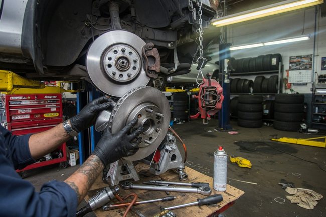 Mechanic servicing a brake disc on a lifted car