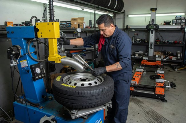 Tire being fitted and balanced in the workshop