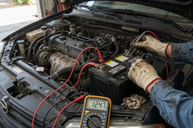 Mechanic testing a car battery with a multimeter