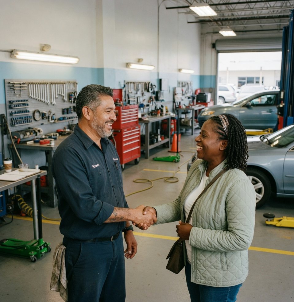 Workshop owner welcoming a customer in the garage
